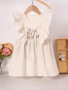 Toddler Girl's Floral Print Ruffle Trim Sweater Dress, Cute Sleeveless Round Neck Midi Dress for Summer, Kids Clothes for Daily Wear, Floral Printed Dress, Toddler Summer Dresses