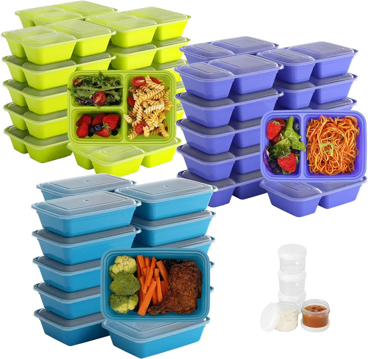 LISI 100-Piece Meal Prep Containers, 33oz Large Food Storage Containers with lids with 1, 2, 3-Compartment, Freezer Safe To-Go/Take-Out Boxes, Includes 5-Pack 2oz Dressing Cups for Take Out