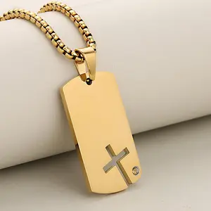 Punk Laser-Cut Hollow Cross Dog Tag Necklace - Stainless Steel Iced Out Pendant