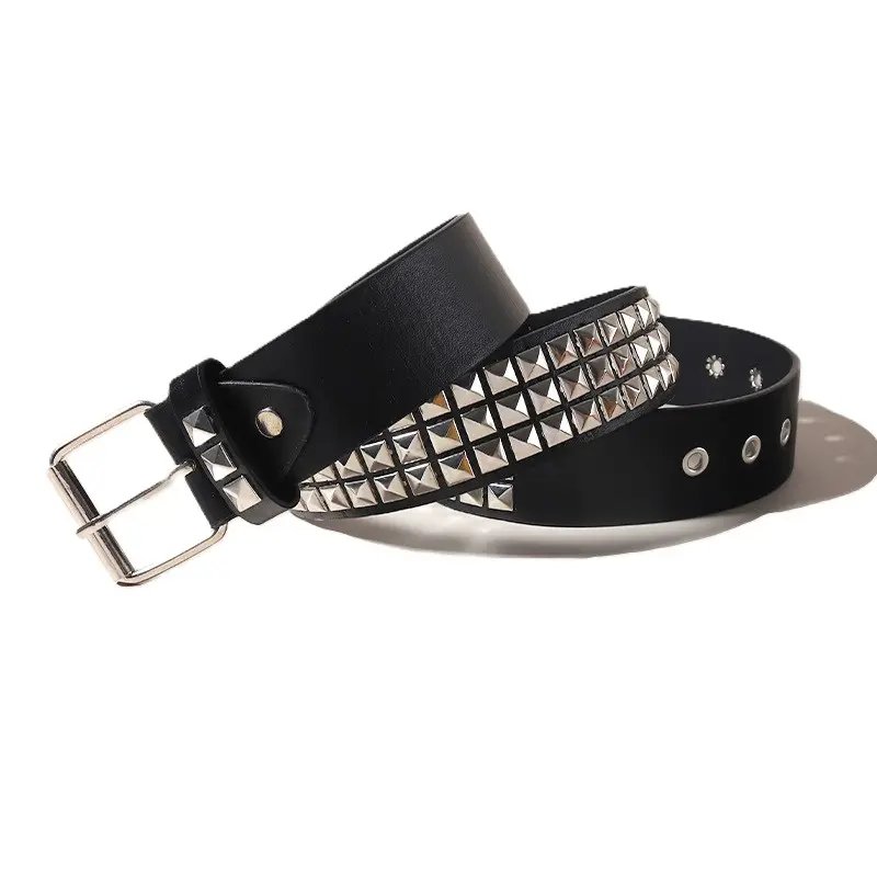 Black Studded Belt, PU Leather Statement Waist Belt with Silver Rivets, Fashion Accessory for Festival Concert Party Outfits Western Buckle Belt Cross Belt Punk Rhinestone