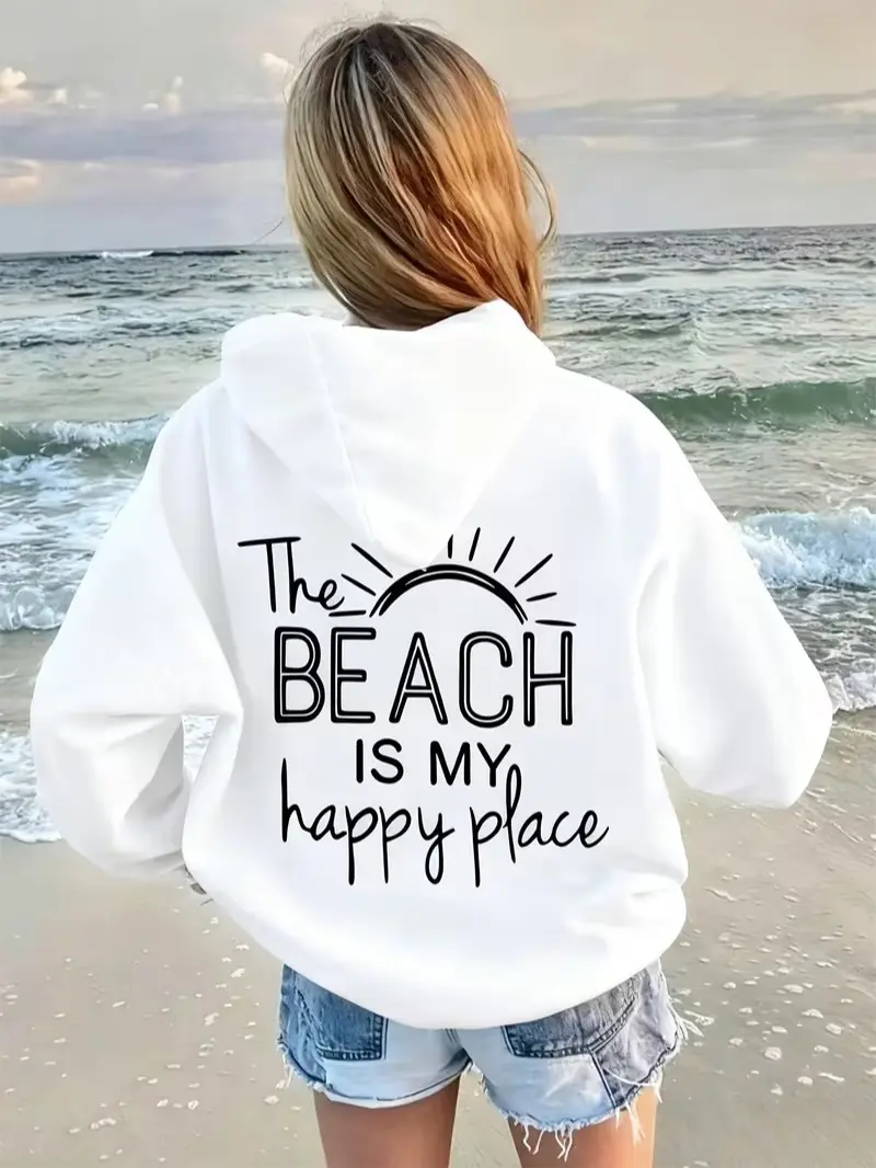 Women's Minimalist Simple Printed Oversized Cotton Hoodie - Comfortable Loose Coastal Vacation Casual Sweatshirt with "The Beach Is My Happy Place" Sun Sketch Back Print
