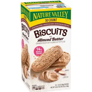 Nature Valley Biscuit Sandwich with Almond Butter 30 ct 13.5 oz Snack Bars for Quick Energy Boost Whole Grain Oats & No Artificial Flavors