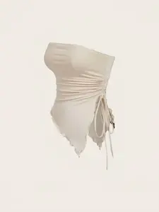 Sexy Strapless Sleeveless Crop Top, Drawstring Waist, Adjustable, Chic Ruched Design, Irregular Hem, Slim Fit, Fashionable Women's Summer