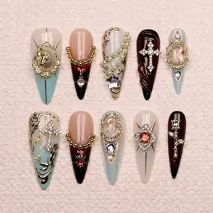 Cross with Angel Design Press On Nails Custom Handpainted Chrome Aurora Virgin Mary Long Stiletto Nails Christmas Birthday Vacation Holiday