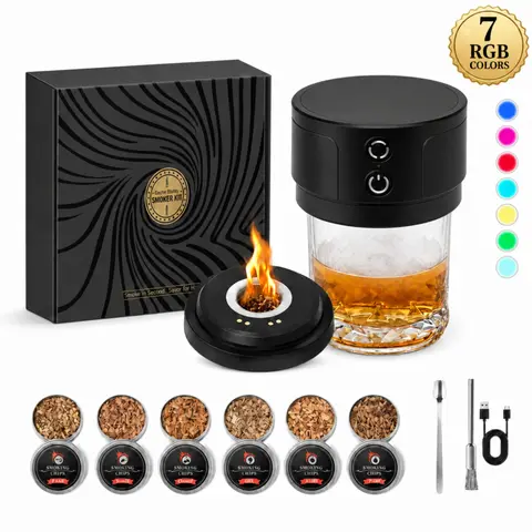 Electric Whiskey Cocktail Smoker Kit with RGB Lighting - No Butane Needed, 6 Wood Chips Included - Rechargeable Portable Men's Accessories, Tools and Gadgets for Old Fashioned Drinks -Gifts for Men, Dad, Husband, Gifts For Him