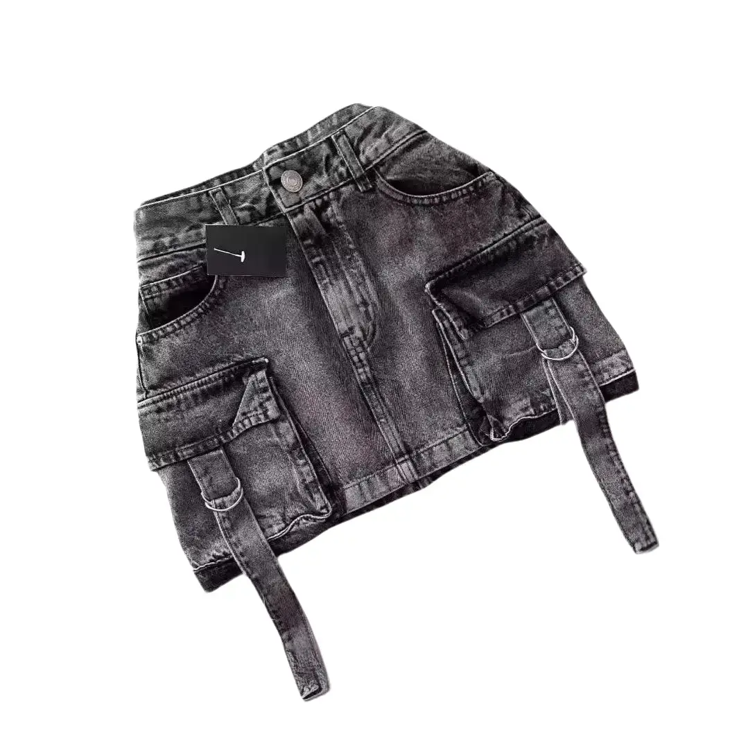 Women's Vintage Black Washed Cargo Denim Mini Skirt with High Waist, Multiple Pockets, and Strap Decor, Y2K Streetwear Jean Skirt.
