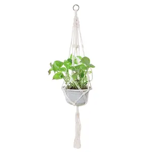 THY COLLECTIBLES Vintage Hand-Weaved Macrame Hanging Plant Holder, 4-Leg Cotton Rope Creamy White Planter Basket, Multi-Size for Indoor & Outdoor Use