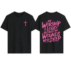 Women's Smooth Cotton Casual Crew Neck Vintage Graphic Tees - Seamless Washed Solid Fabric, Double-Sided Printed Christian Scripture "My Worship Is Loud Because My Wounds Were Deep", Unisex Round Neck Top