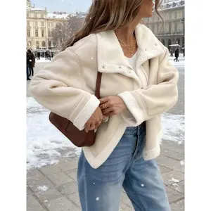Women's casual loose fur coats, short lamb wool jackets, bomber jackets, flight jackets, with zipper closures, large lapels and side pocket designs, fashionable cold-resistant coats, street-style long-sleeved tops��gift��