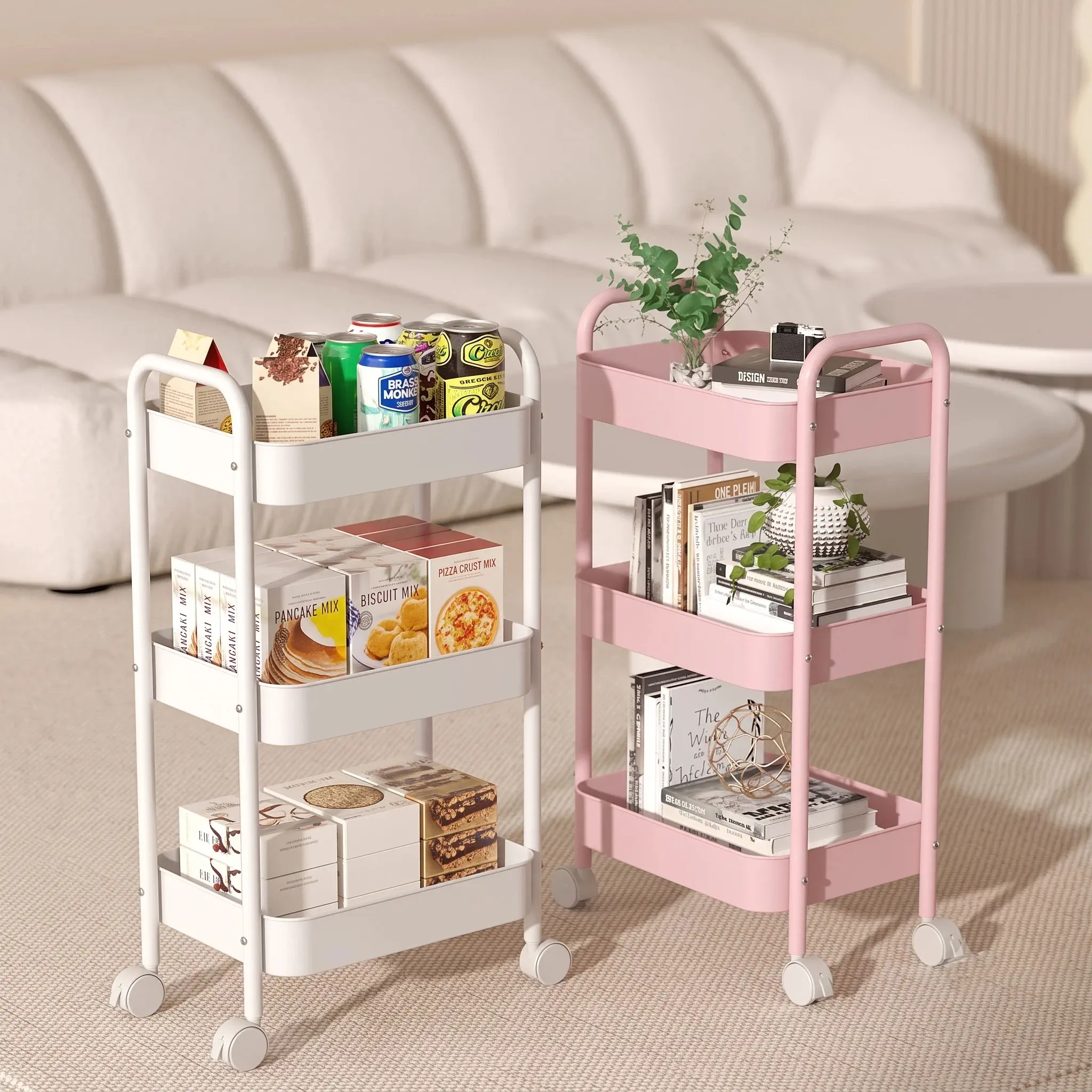 3-Tier Smooth Metal Steel Rolling Utility Cart with Wheels, Space-Saving Storage Organization Set, Easy Assembly Desk Organizer for Office, Dorm, Lockable Wheels