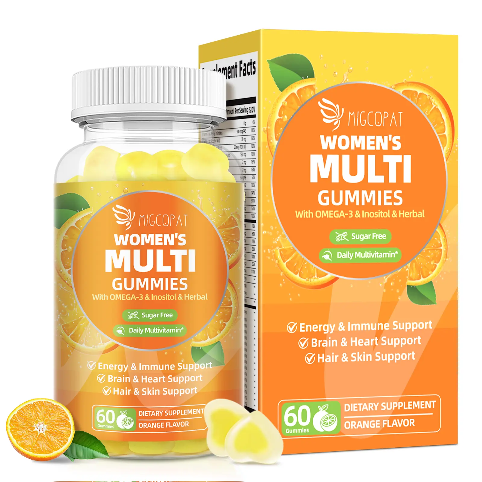 migcopat Women's Sugar-Free Chewable Vegan Multivitamin Gummies - Omega-3, Inositol, Folate, Biotin, Vitamins A,C,D3,E,B12, Orange Flavor, 60 Ct - Fitness Daily Vitamin Dietary Supplement for Heart, Brain Support #SummerVibes