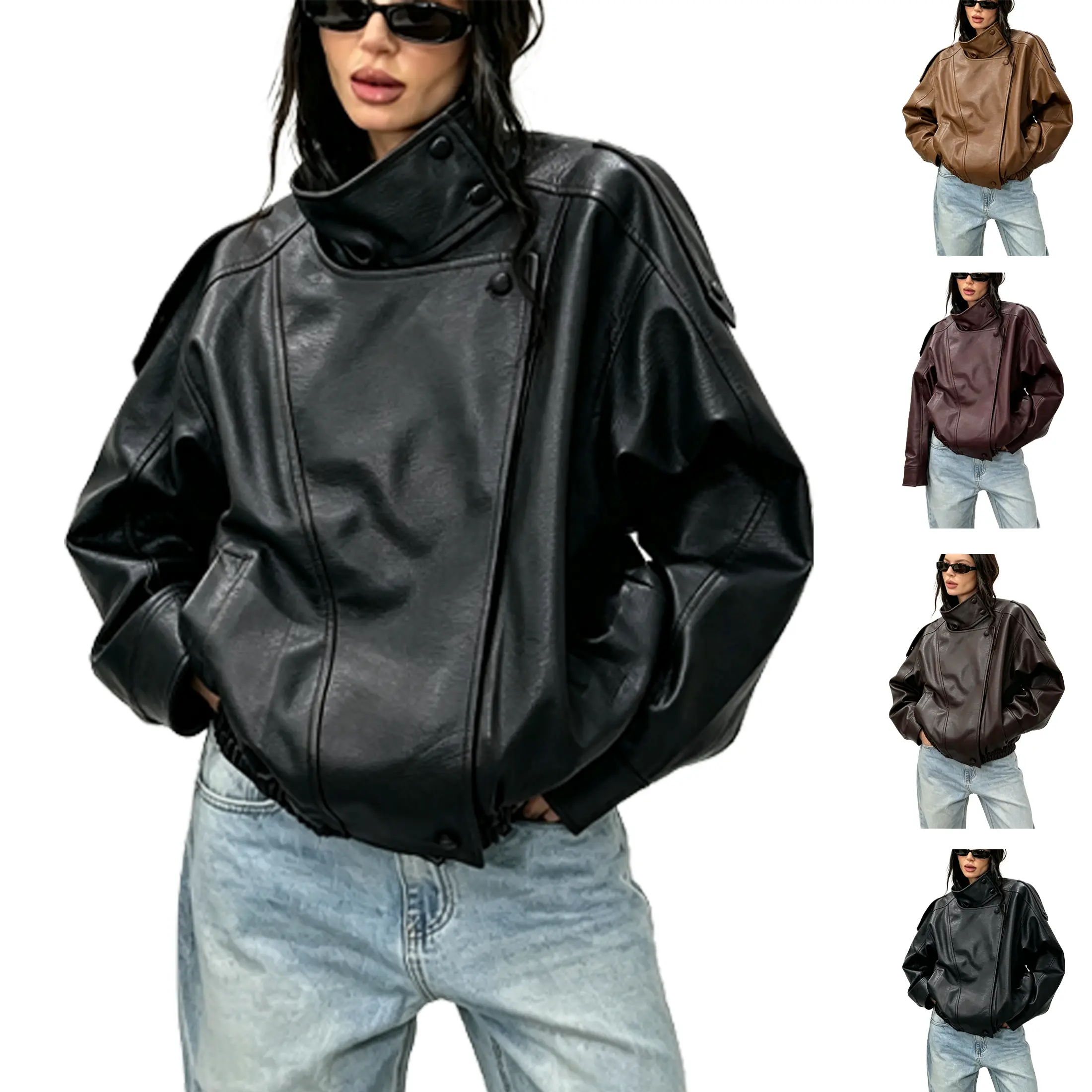 Buenoble Women Oversized Stand Collar Vegan Leather Bomber Jacket Diagonal Zip Moto Coat Elastic Hem Vintage 90s Streetwear Fall Jacket