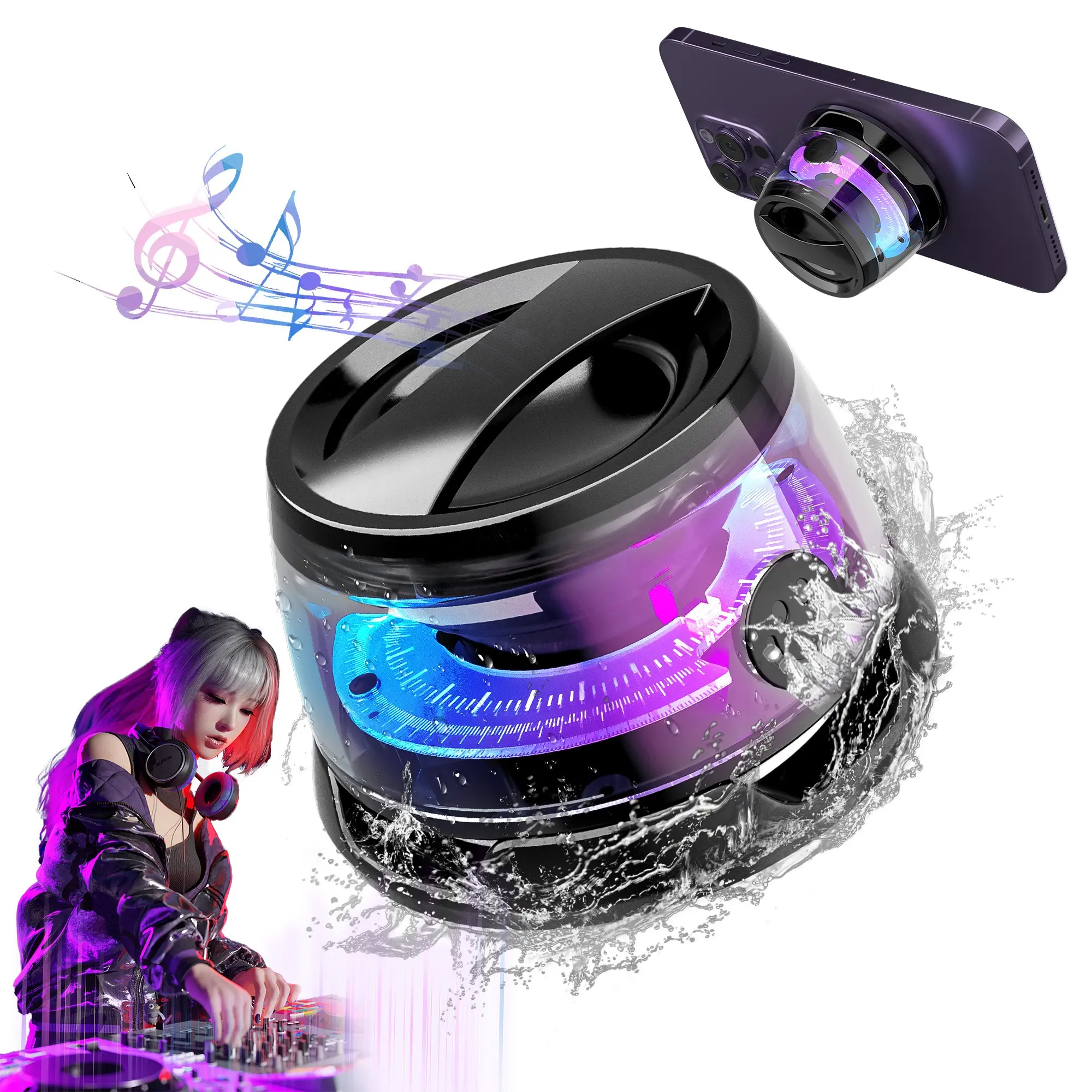 G300 Magnetic Bluetooth Speaker - Gift Ideas - Bluetooth Party Speaker for Cell Phone Holder that Magnetizes Any Metal - Small Portable Rechargeable Speaker with RGB for Camping, Parties and Desktop
