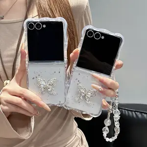 Samsung Galaxy Z Flip7/flip6/flip5 Case, Women's Transparent Shell with Rhinestone Butterfly, Unique Design, Includes Lanyard, Protective Cover