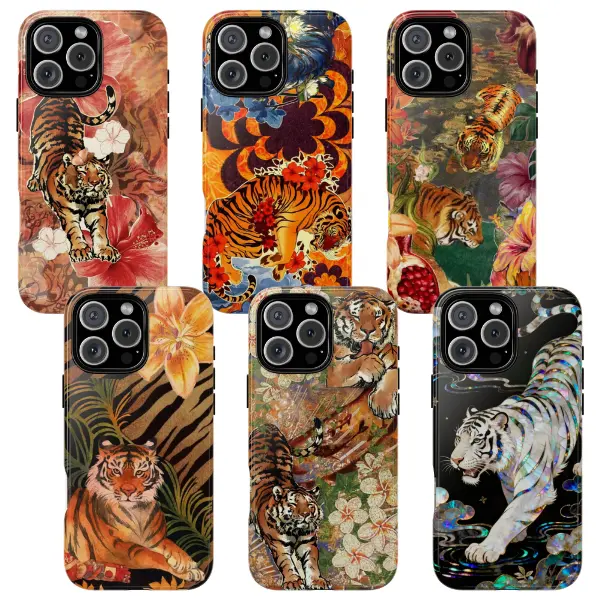 Wild Floral-Tiger Combo Handheld Phone Case, TPU Flexible-Rugged Casing with Flowers, Bold Aesthetic Protector for iPhone 16 & Multi-Model Smartphones, Device Accessories with Rugged Protection
