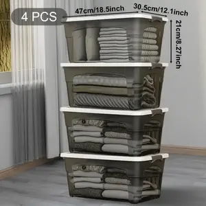 4 Stackable Storage Boxes with Lids and Handles, Multipurpose Storage, Durable Multi-Size Christmas Decorations, Closet, Bedroom, Car Trunk, Books, Transparent Organizer
