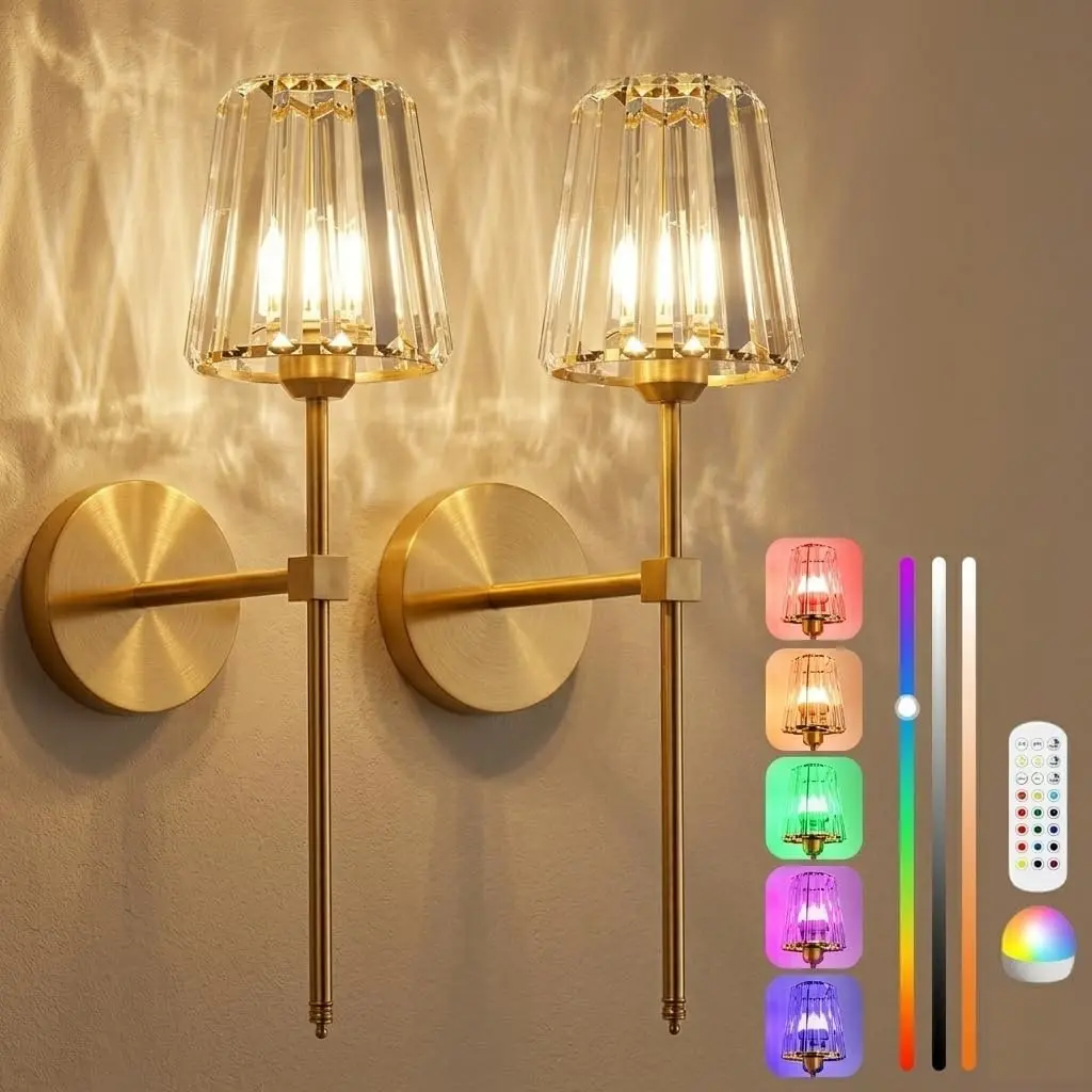 2-Pack Gold Crystal Battery Operated Wall Sconces, Rechargeable RGB Dimmable Cordless LED Wall Lights with Remote, No-Wiring Home Accessory for Living Room, Bedroom House Decor, Apartment Stuff & College Dorm Decor Holiday Gift