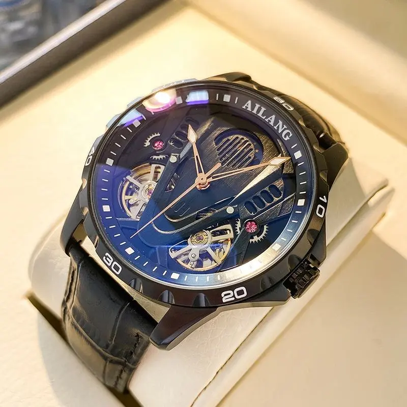 Men's Classic 43mm Mechanical Wristwatch, Automatic Double Tourbillon Analog Round Face Blue Skeleton Dial, Stainless Steel Case, Cowhide Leather Strap, Luminous, 30M - 50M Waterproof