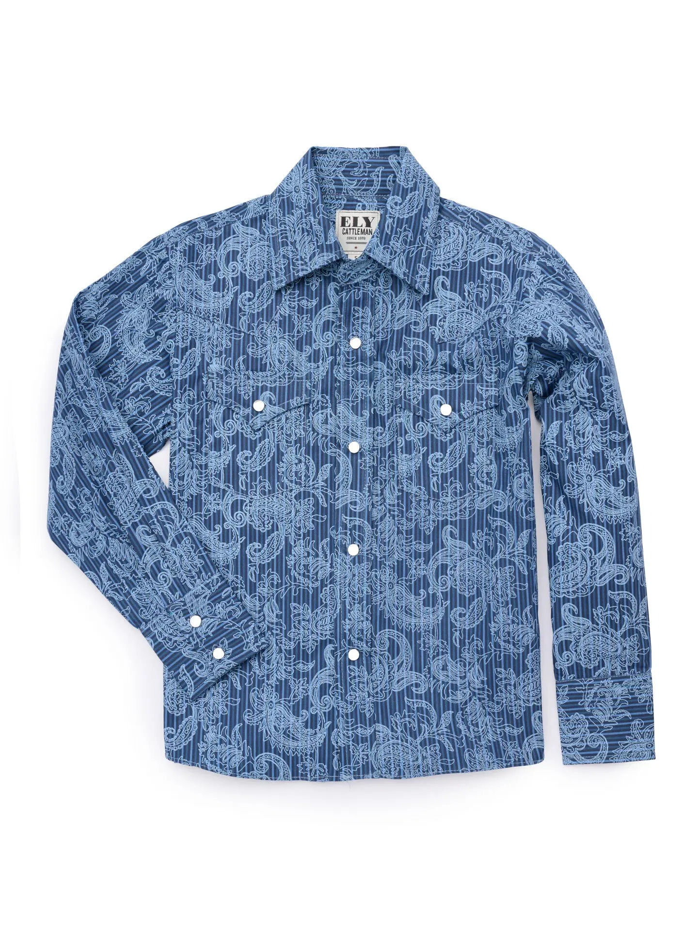 Boy's Casual Paisley Shirt - Denim Blue & Burgundy, Long Full Sleeves, Western Yokes, Pearlized Snaps, Ely Cattleman Snap Shirt, Quality, Cowboy Snap Snaps