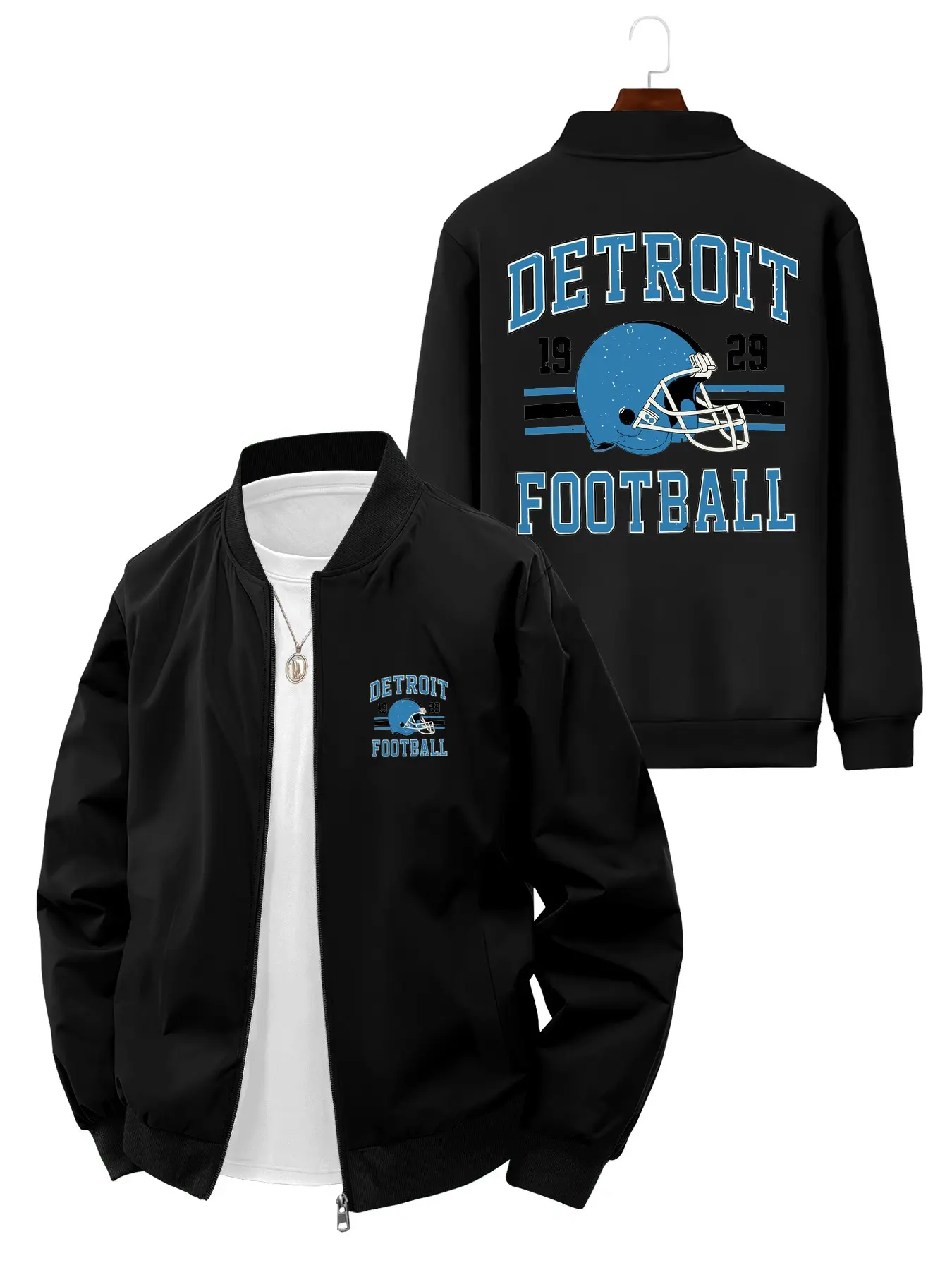 Casual Sports Style Men's Detroit 1929 Football Helmet Printed Long Sleeve Streetwear Outerwear Jacket Coats for Daily Wear and Outdoor Activities