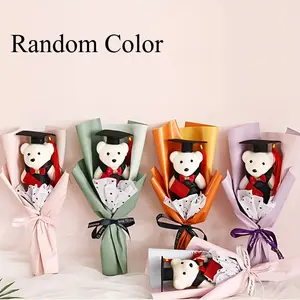 8pcs Graduation Cap Bear Bouquet - Adorable Cartoon Dolls in Black Gown & Red Tie, Perfect for Home Decor, Photography Props, and Autumn-Themed Gifts, Made of Durable Polyester