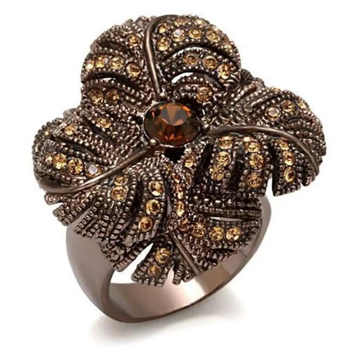 Women Chocolate Gold Brass Ring with Top Grade Crystal in Smoked Quartz - Size 7