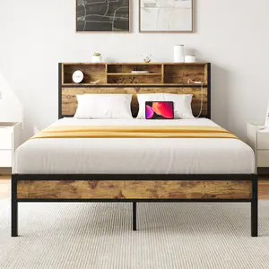 Twin/Full/Queen  Size Metal Platform Bed Frame with Storage Headboard - Built-in Charging Station (2 USB+2 Outlets), Bookcase Shelves, Noise-Free, No Box Spring Needed