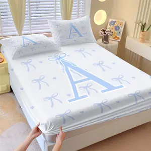 Personalized Initial Letter A Fitted Sheet Set 3 Piece, With 2 Pillow Sham, Coquette Baby Blue Bow Heart Aesthetic, Soft Deep Pocket Design, 360° fully wrapped, for Girls Teens Bedroom Dorm Decor, Perfect Birthday Coquette Bow Lover Gift
