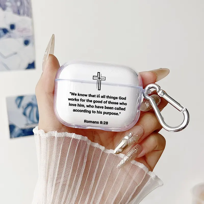 Divine Promise Cross Pattern Protective Case for AirPods 4/3/2/1/Pro/Pro2 Soft TPU Earphone Cover, Transparent with Keychain