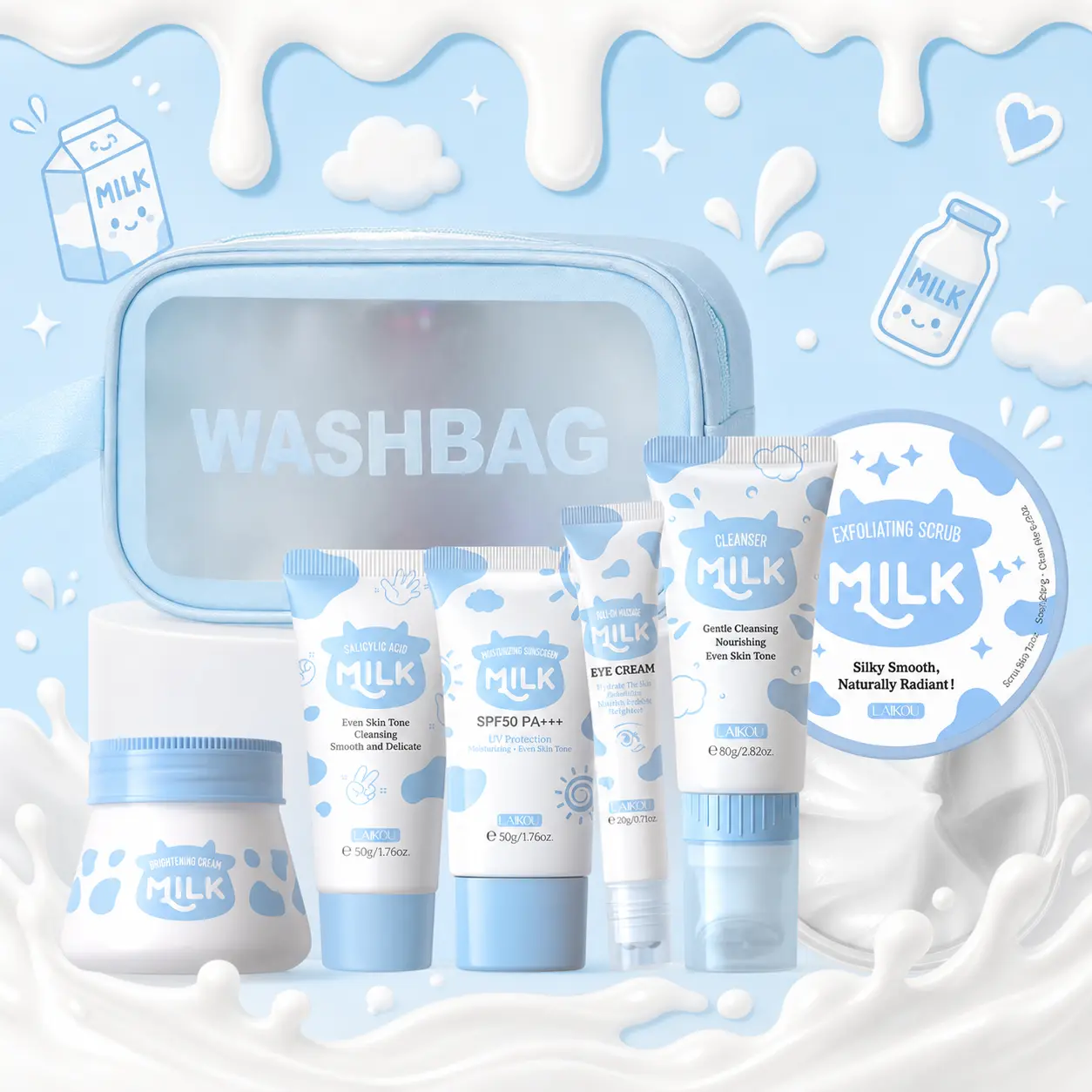 Milk Skin Care Set, 1 Count Milk Facial Cleanser & 1 Count Sunscreen & 1 Count Exfoliating Scrub & 1 Count Hand Wax & 1 Count Eye Cream & 1 Count Brightening Cream & 1 Count Storage Bag, Body Care Products Set, Morning Routines