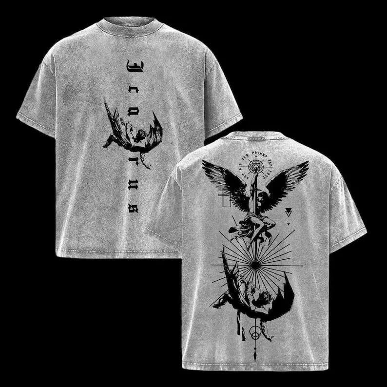 BACK TO SCHOOLMen's Alternative Style Oversize T-Shirt, Icarus Figure Graphic Cotton Shortsleeve Tee, Round Neck Streetwear Top for All Seasons, Casual