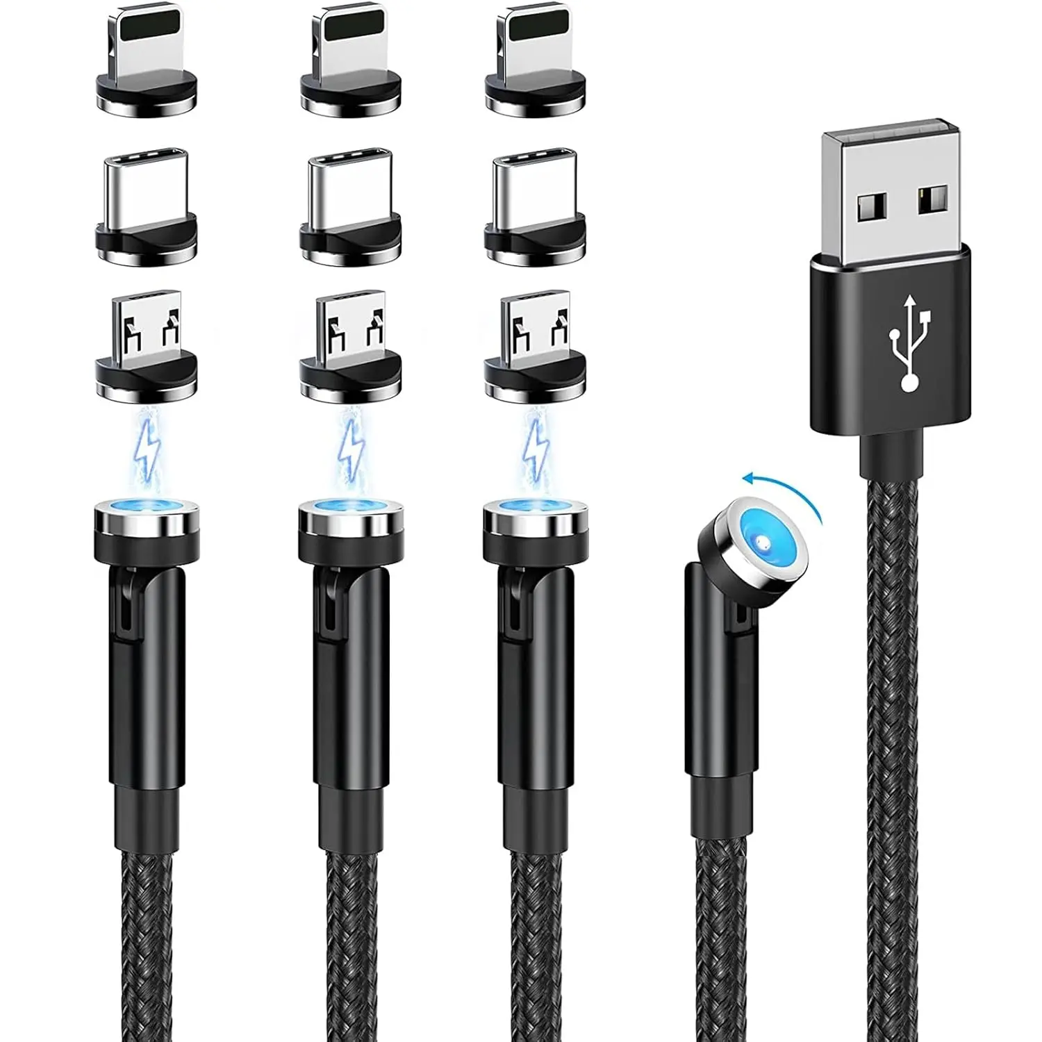 4-Pack Magnetic 3-in-1 Charging Cables – 540° Swivel, Fast USB-C/Lightning (3/3/6/6ft)