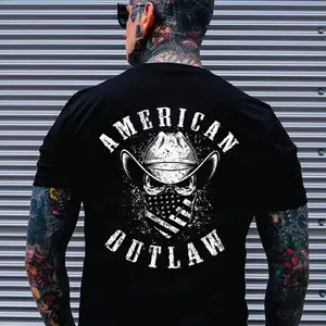 AMERICAN OUTLAW Cowboy Skull Print Men's T-Shirt, Top Menswear, Cotton Tee Shirt Casual Streetwear