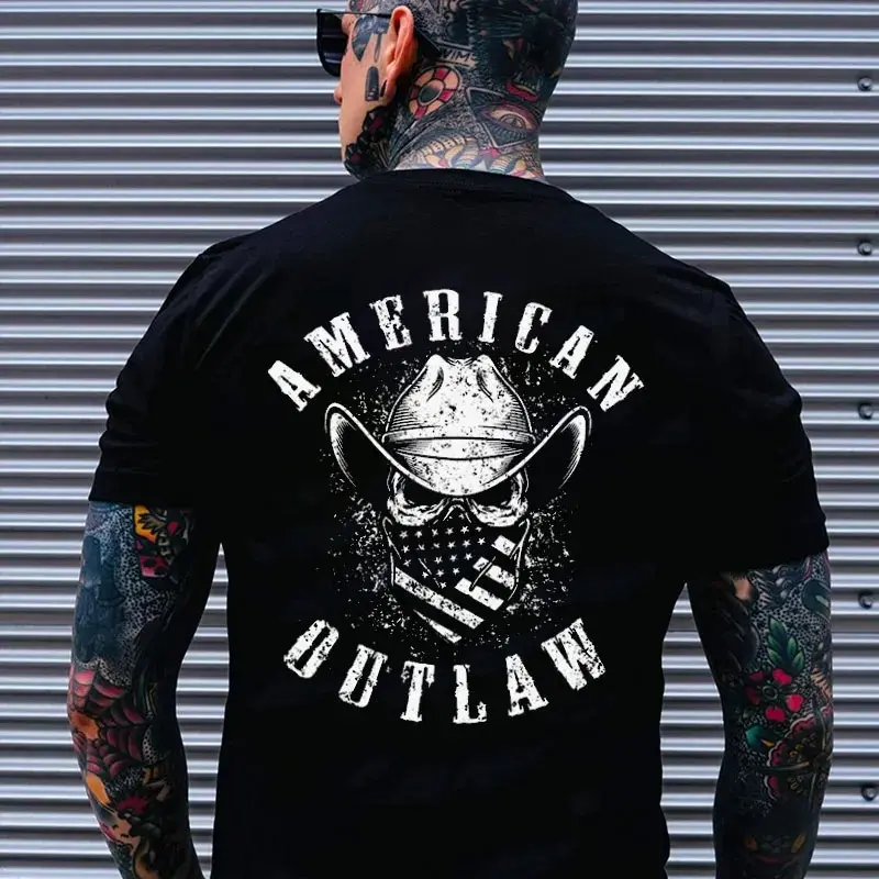 Gildan Men's Cowboy Skull Biker Tshirt, American Outlaw Custom Graphic Tee, 100% Cotton Shortsleeve Round Neck, Casual, Menswear, Chinese New Year, Valentines Day, Retro Style, Childrens Day, Streetwear, Casual Fit, Graphic Print, Bow Detail, All Seasons,