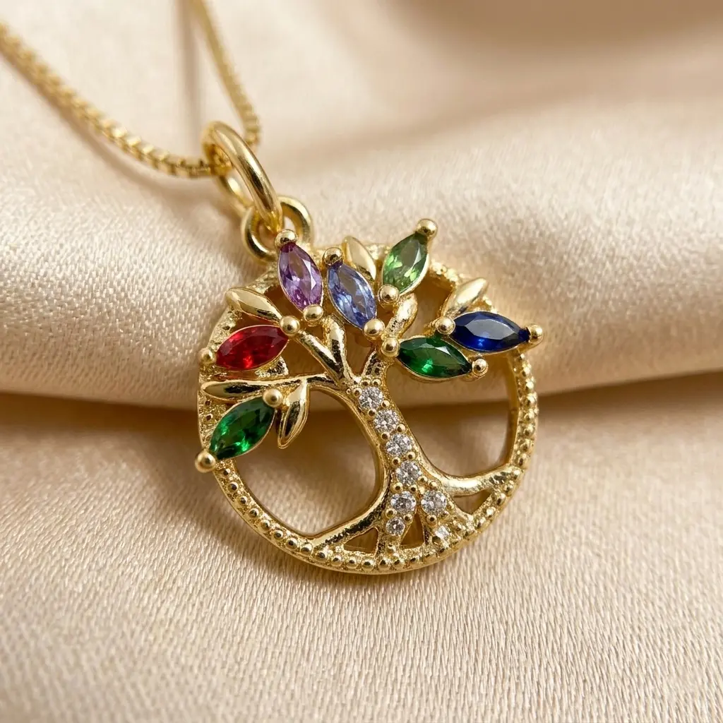 14K Gold Plated Colorful CZ Tree of Life Necklace, Family Bond & Growth Symbol Jewelry for Daily Wear & Meaningful Gifting