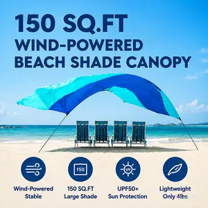 150 Sq.Ft. Wind-Powered Beach Shade Canopy, Lightweight 4 lbs Sun Shelter for 3-4 People, Easy 3-Minute Setup, UPF 50+ Beach Tent for Family Outings, Camping & Relaxation