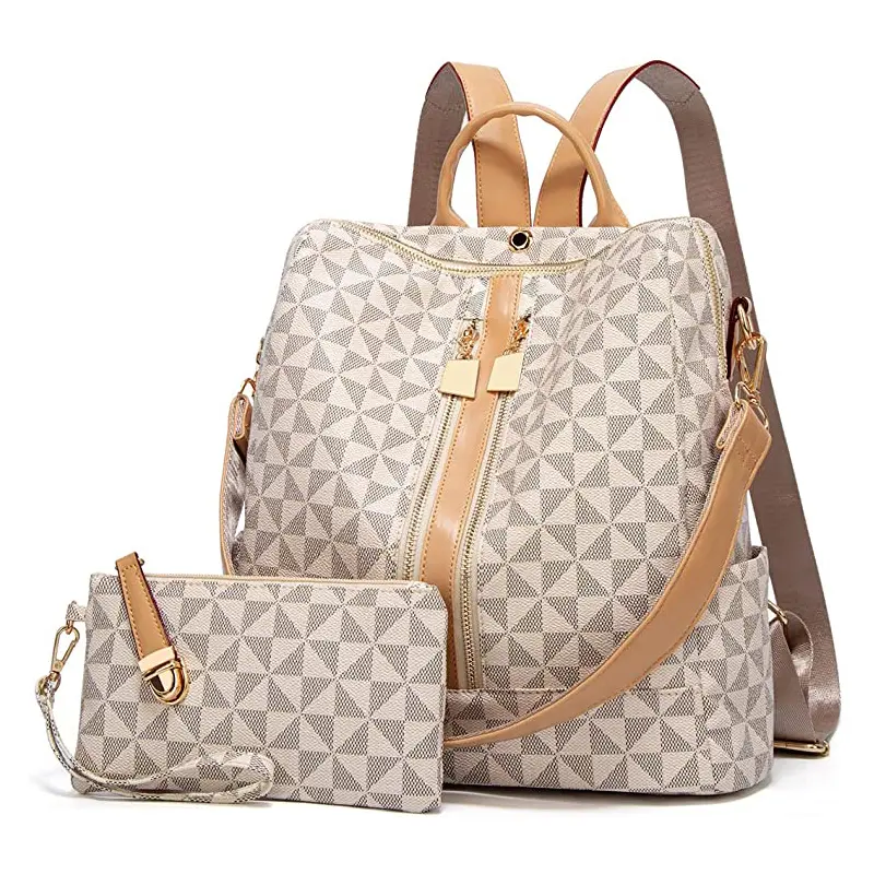 WAN&KELO Women's Vintage Anti-Theft Polyester Stylish Backpack - Large-Capacity Geometric Print Functional Bag for Women, with Detachable Wristlet, Ideal for Travel & Casual Use, Bags For Women