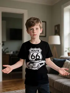 Black background Route 66 retro sports car printed T-shirt, Graphic Print Tee, 100% polyester, fashionable and trendy casual children's clothing, suitable for boys' daily outings and outdoor sports, a perfect gift for boys