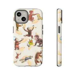 Curiousss Geogreee Banana Phone Case, Kid Cartoon Tough Phone Case, Childhood, Green Background, Gift for her for him, Protective, Phonecover