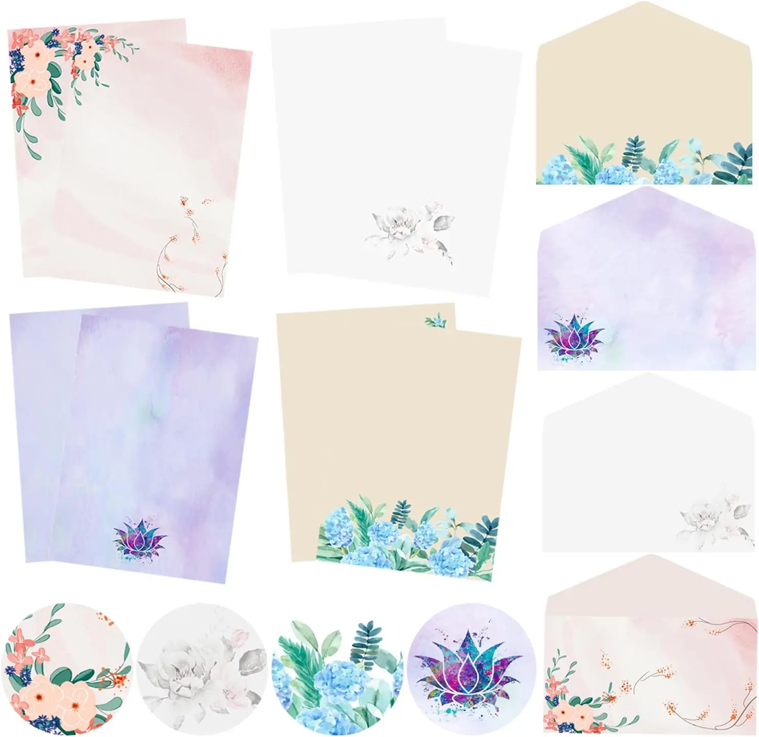 Stationery Writing Paper with Envelopes，4 Different Style Decorative Stationery Sheets， Double-sided Printing，32 Stationery Papers+16 Envelopes, 7.5" x 10.4" of Each Stationery Paper