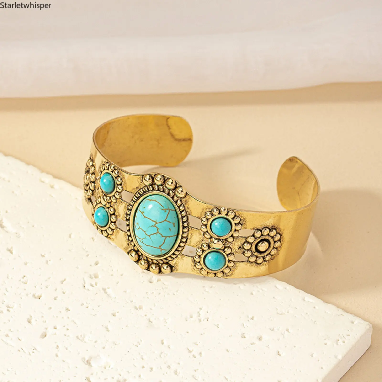 French Vintage Royal Style Turquoise Cuff Bracelet for Women, Minimalist INS Style Design, Trendy Fashion Open Bangle, Delicate & Versatile Accessory Perfect for Daily Wear, Parties & Gifting