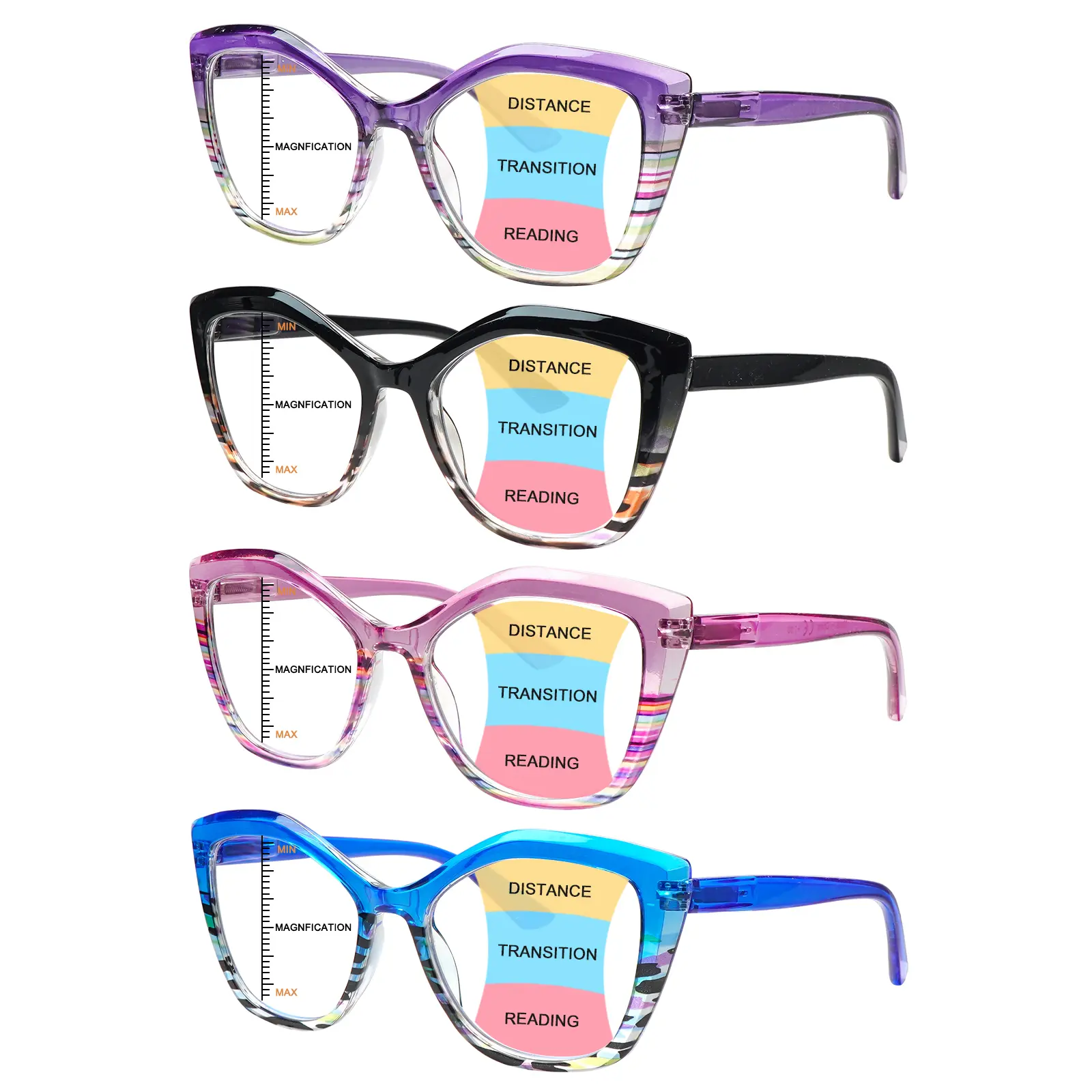 4-Pack Women's Progressive Multifocal Reading Glasses, Stylish Bluelight Blocking Lenses for Eye Strain Relief with UV Protection & Spring Hinges Mirror Uv, Gift