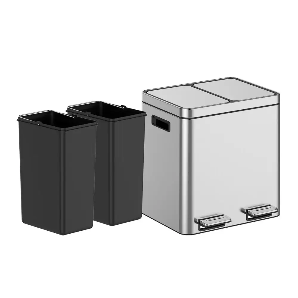 8gal Stainless Steel Modern Square Dual Compartment Kitchen Trash Can - Indoor Recycling Bucket with Fingerprint-Proof Divided Bins, 2 Separate Leakproof Liners, Built-in Rubber Bands, Soft-Close Lid, Pedal-Open, Metallic Smooth Finish Home System, Polish