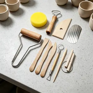 11 piece set of clay tools with storage bag, wooden handle, stainless steel double headed carving knife, soft pottery tool, air dried clay shaping tool, cutting clay line roller, sponge pottery handmade material carving tool, texture tool, ceramic DIY