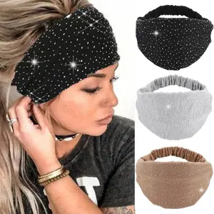 3PCS Rhinestone Headband Black Wide Head Wraps Crystal Bling Headbands Elastic African Turban Stylish Yogo Exceise Hair Accessories for Women and Girls Gym Bandana Women outdoor exercise clothing