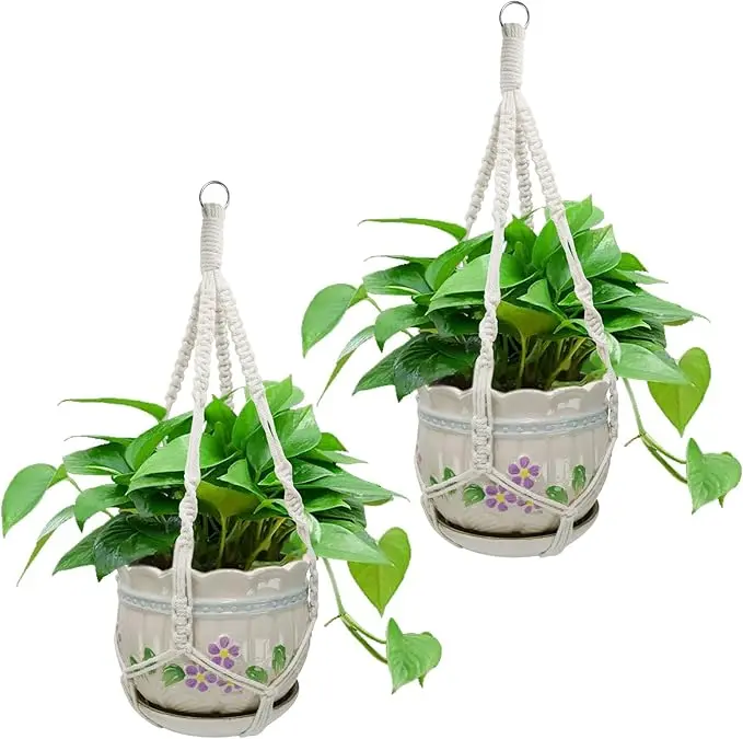 2 Pack Macrame Plant Hangers, 20‘’ Plant Hangers Indoor, Handmade Woven Cotton Style Hanging Plant Holder, Short No Tassels for Indoor Outdoor and Home Decor Hanging Planter