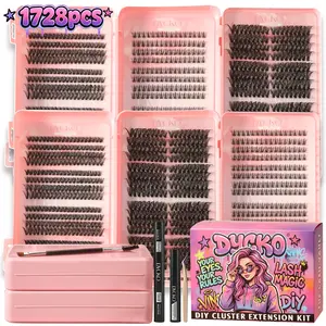 DYCKO 1728Pcs DIY Cluster Lash Extension Kit, Individual Lashes Mega Vault with 2-in-1 Bond and Seal & Remover Tweezers, 3 Styles Manga Spiky Natural Wispy Glam Volume Lash Book Set