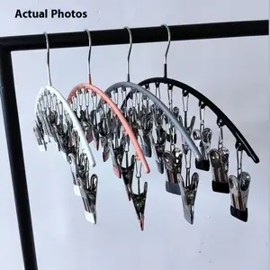 Stainless Steel Non-Slip Clothes Hanger, Multifunctional Clothes Hanger, Space-Saving Sock Drying Clips, Metal Yoga Pants Hanger with 10 Clips, Wardrobe Storage, Dormitory Organization Essentials