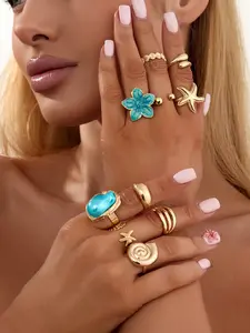 10 Pcs Vintage Geometric Baroque Pearl Ring Set, Ocean Element Starfish Shell Series, Fashion Statement Stackable Rings for Women, Party Jewelry Gift