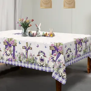 Easter Cross Bunny Print Polyester Tablecloth Christian Spring Dining Table Cover Purple Farmhouse Decor
